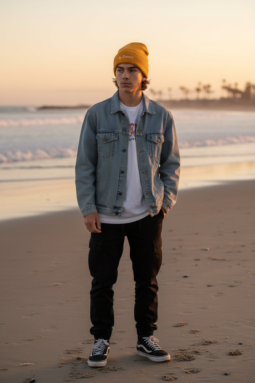 Adolescente con beanie dorado SAVED en la playa