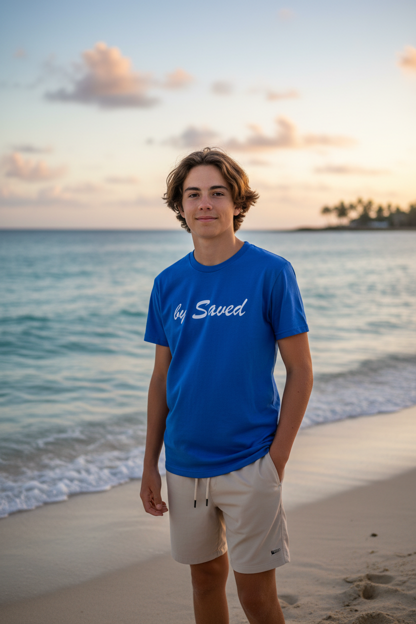 Adolescente con camiseta azul by Saved en la playa