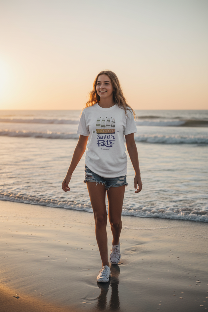 Adolescente con camiseta blanca Summer Party en la playa