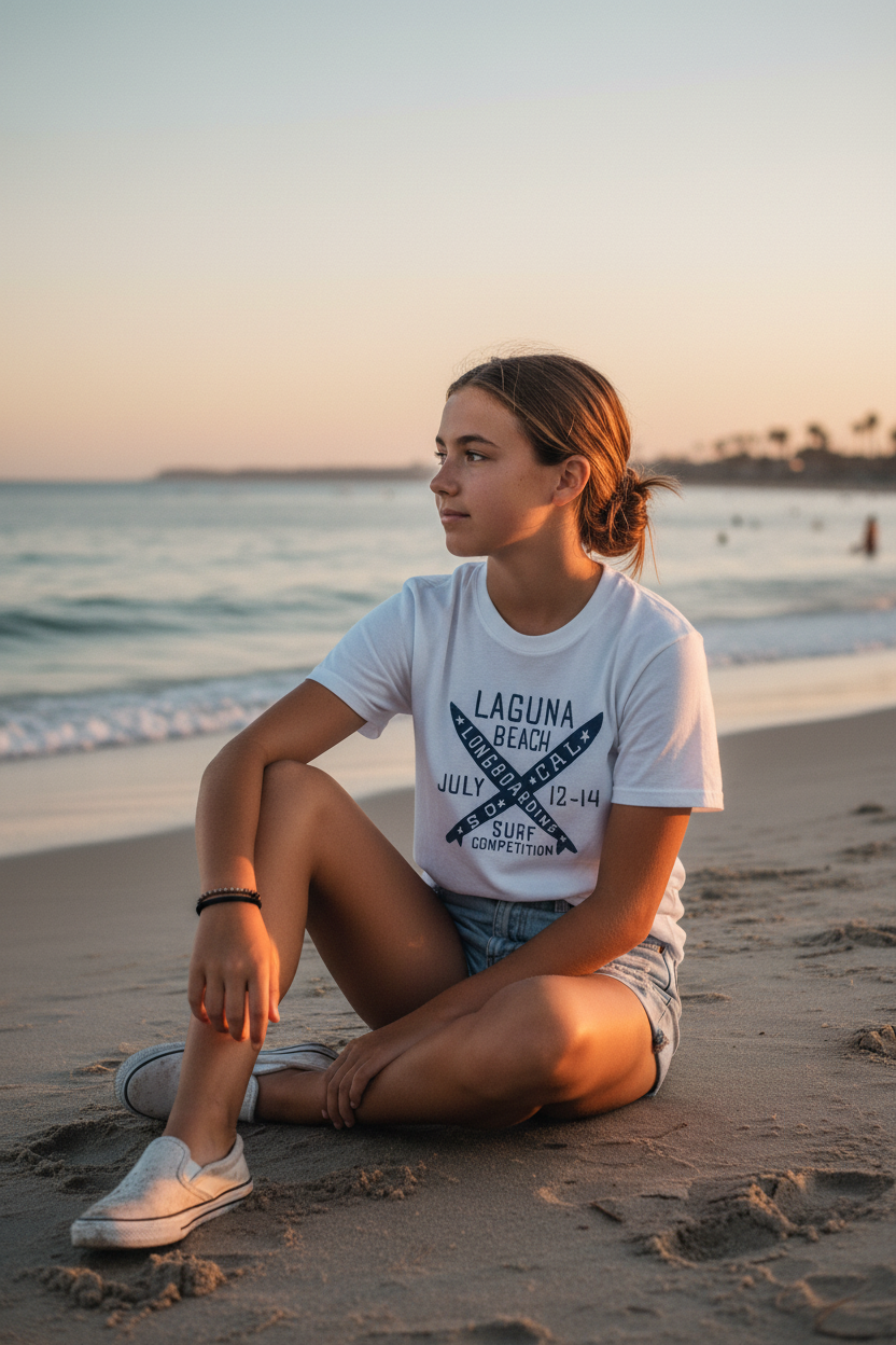 Adolescente con camiseta Laguna Beach en la playa