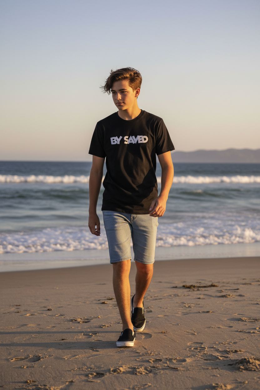 Adolescente con camiseta negra BY SAVED en la playa