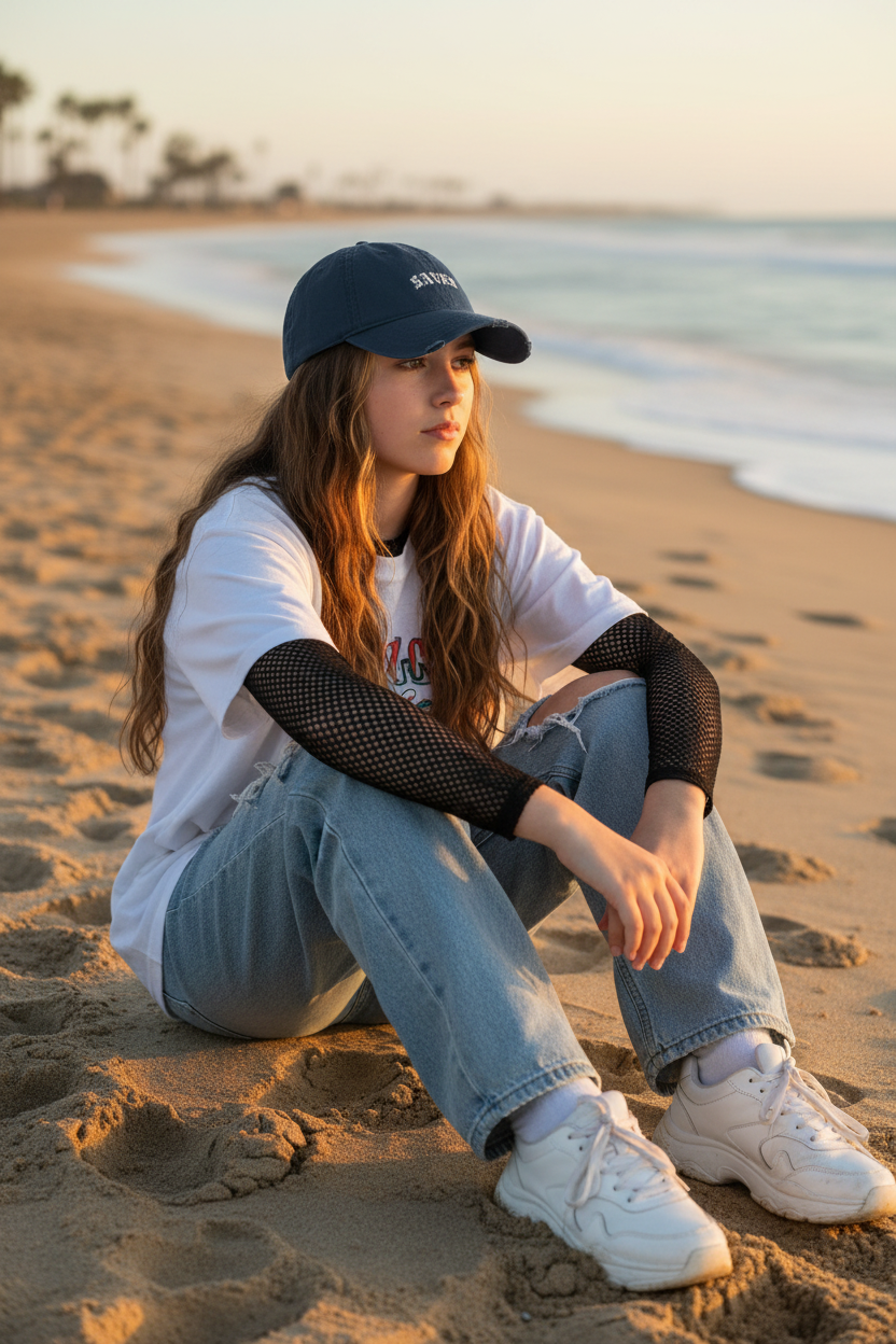 Adolescente con gorra azul marino SAVED en la playa
