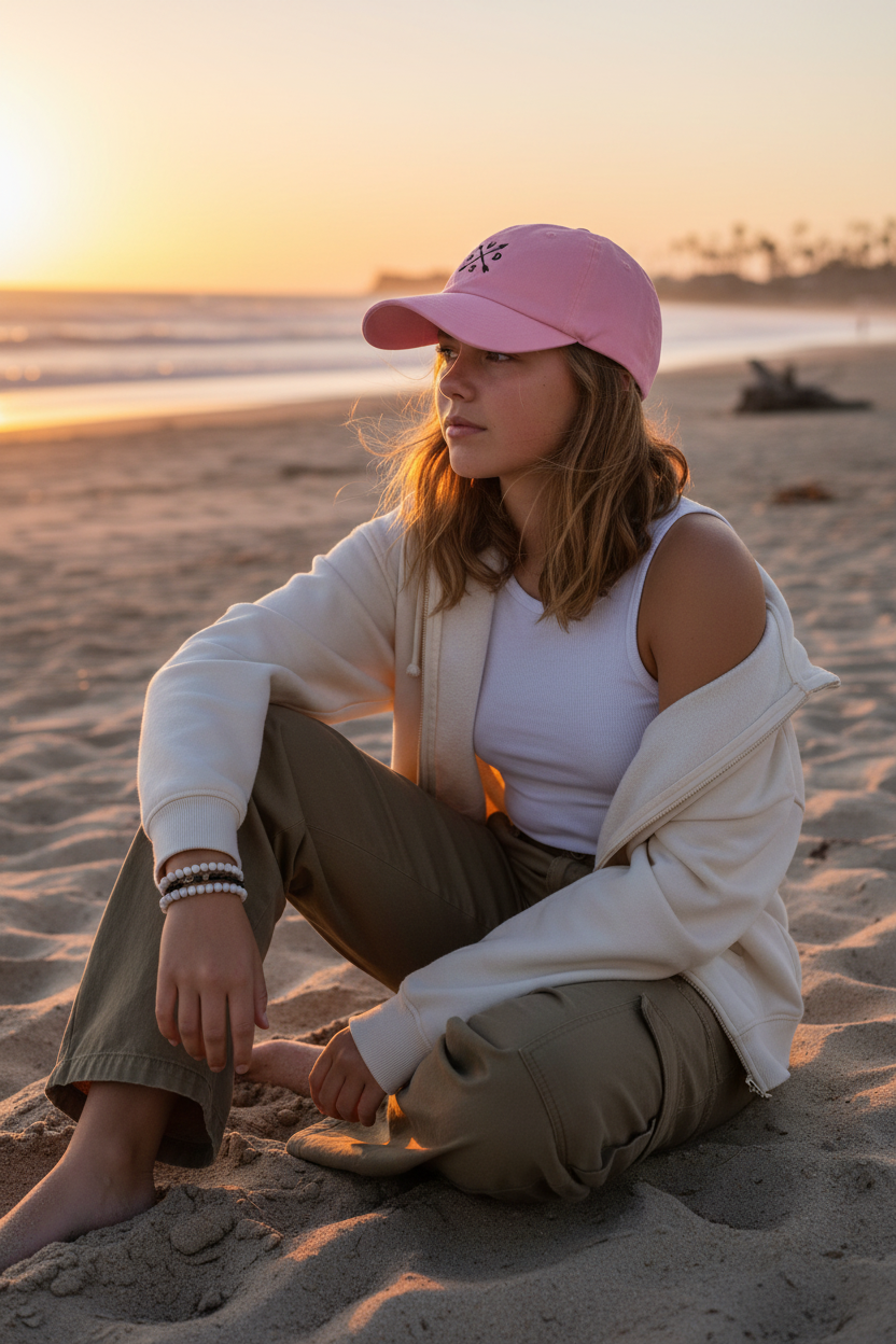 Adolescente con gorra rosa SVD en la playa