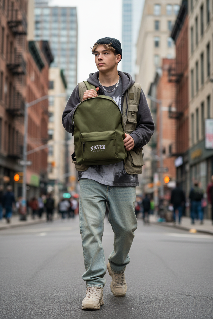 Adolescente con mochila verde SAVED en la ciudad