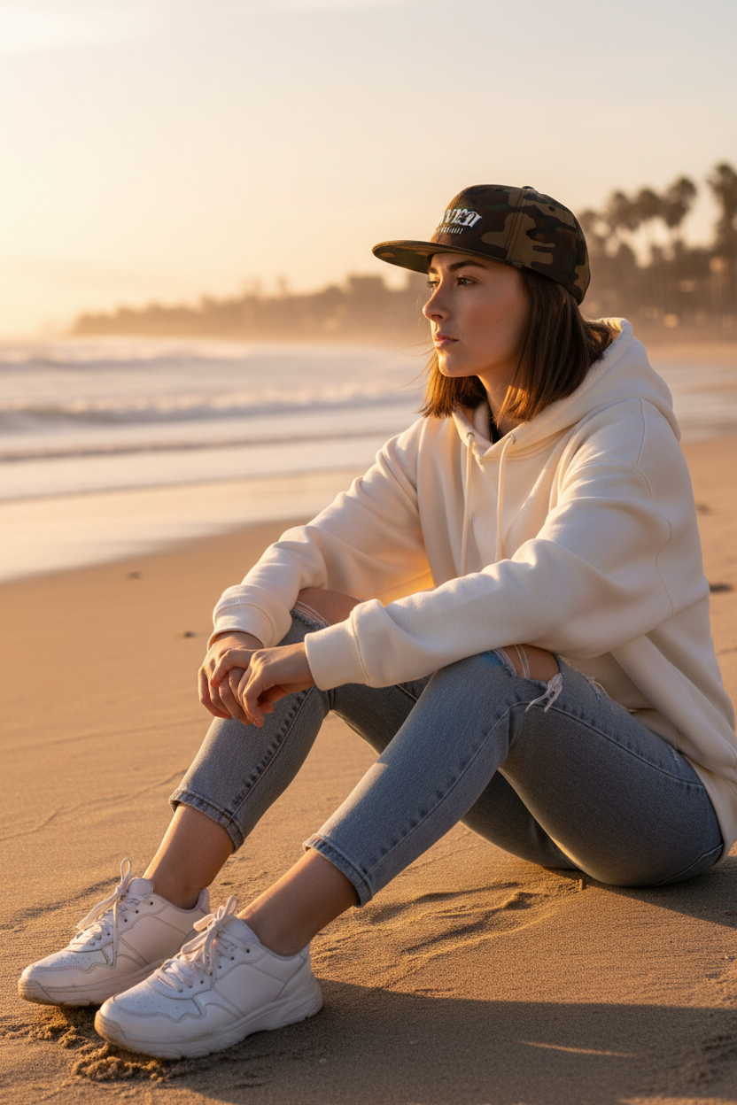 Adolescente con snapback camuflaje SAVED en la playa