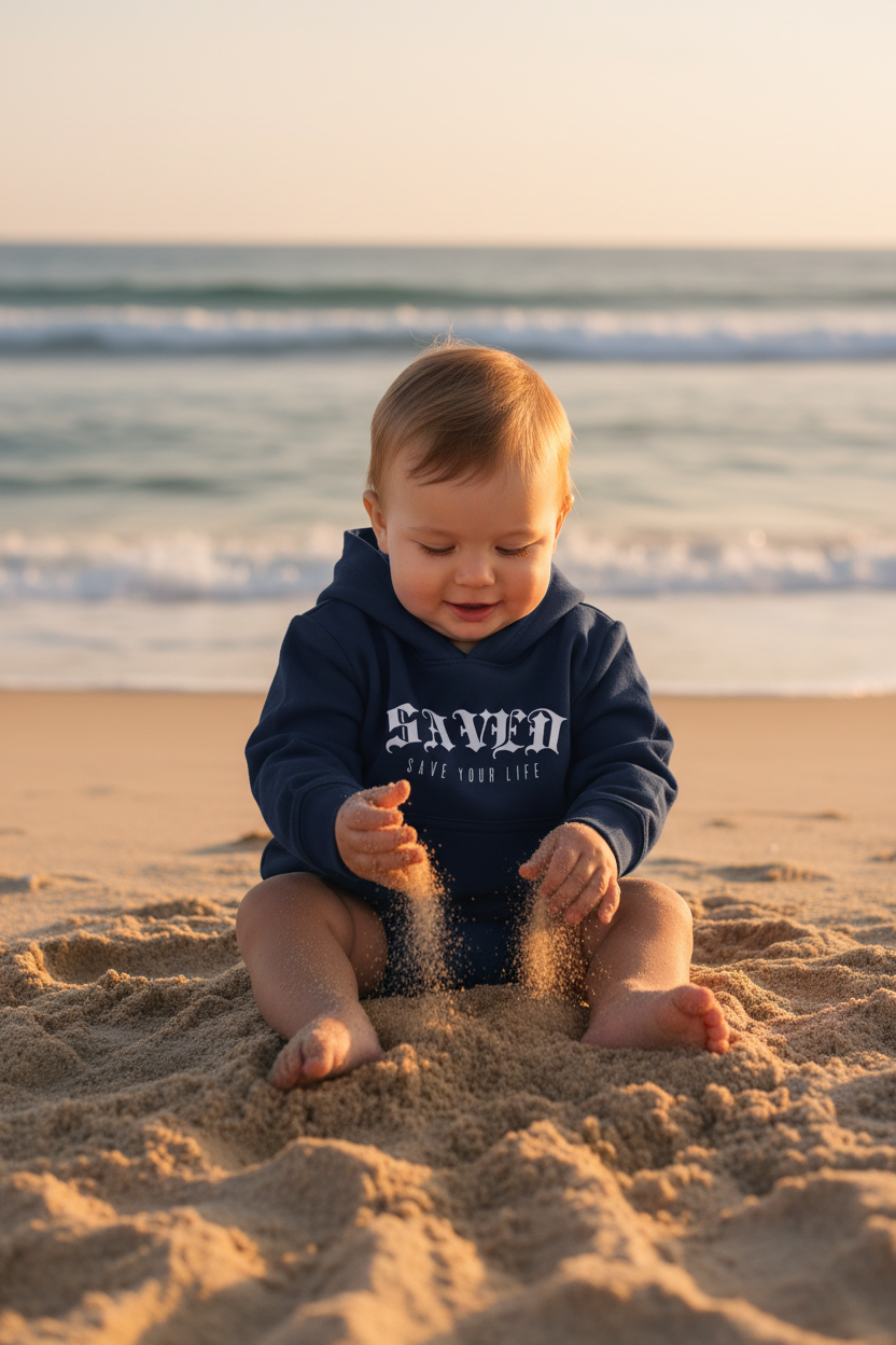Bebé en la playa con sudadera azul SAVED
