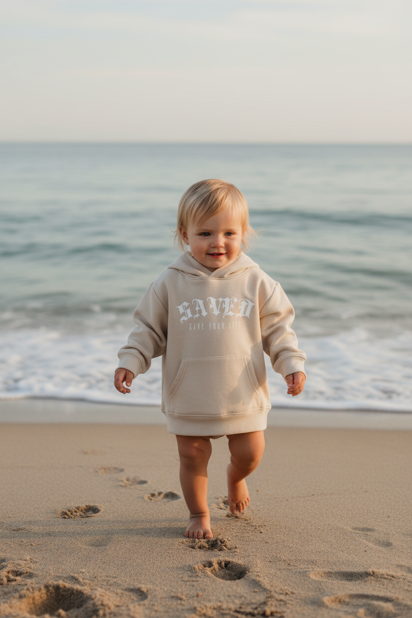 Bebé niña en la playa con sudadera beige SAVED