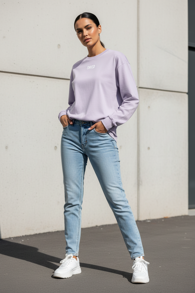 Camiseta manga larga lila SAVED - Modelo femenino