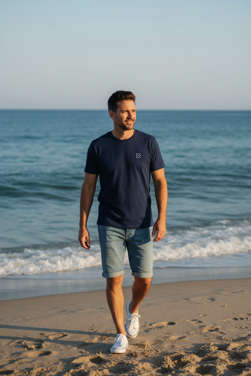 Hombre con camiseta azul marino SVD en la playa