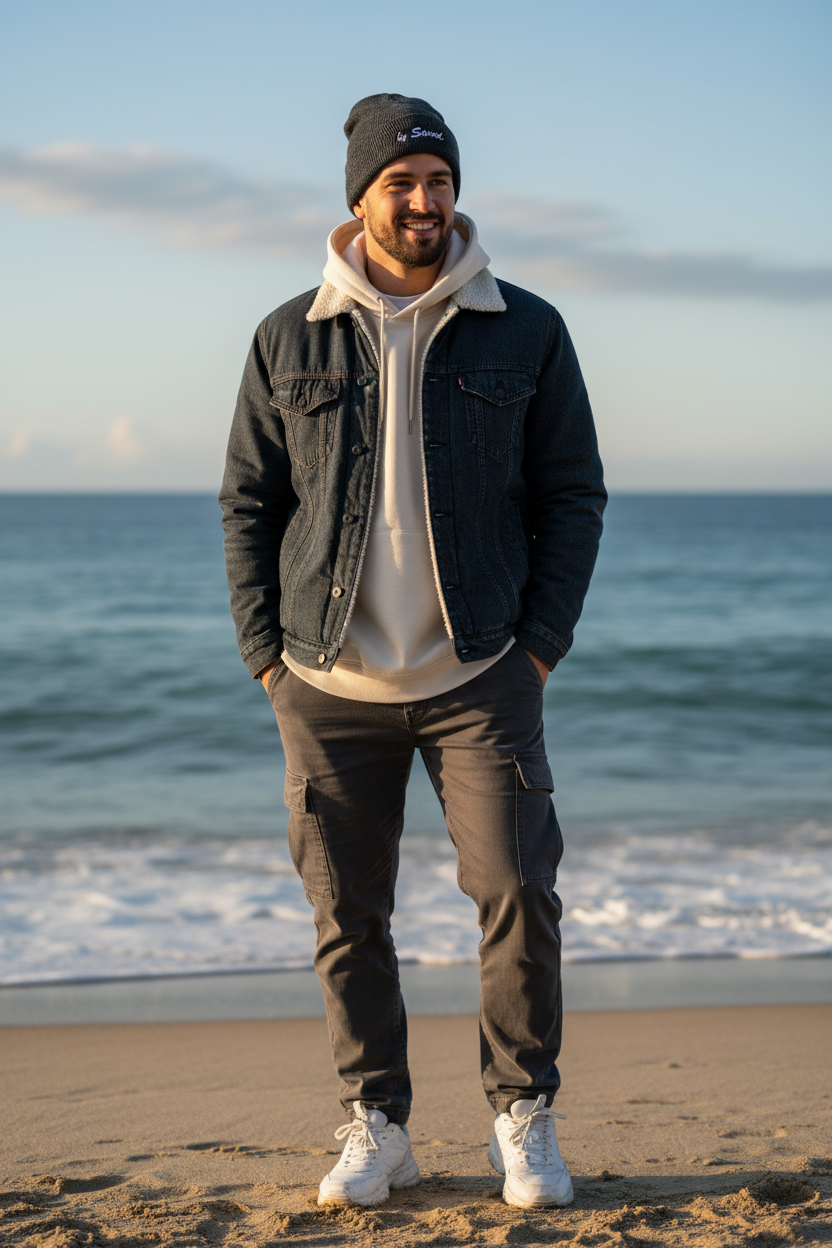 Hombre joven con beanie gris SAVED en la playa