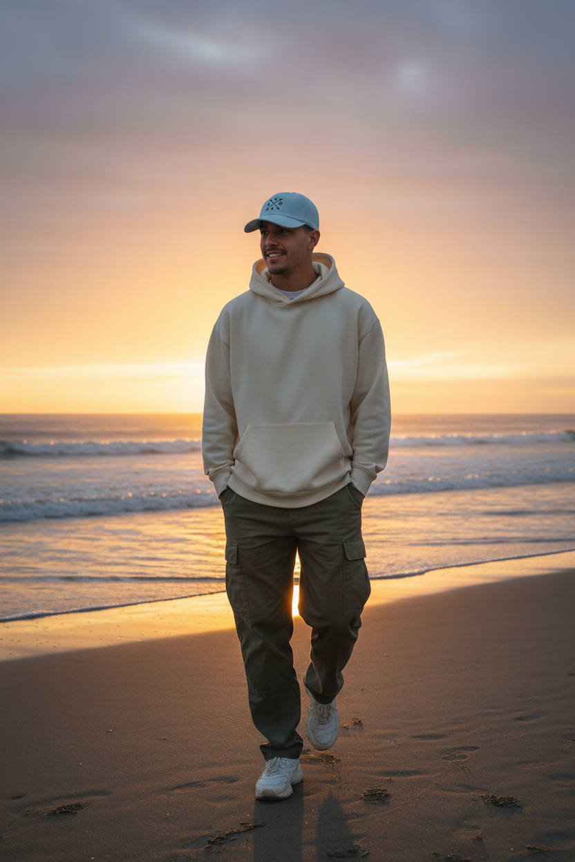 Hombre joven con gorra azul claro SVD en la playa