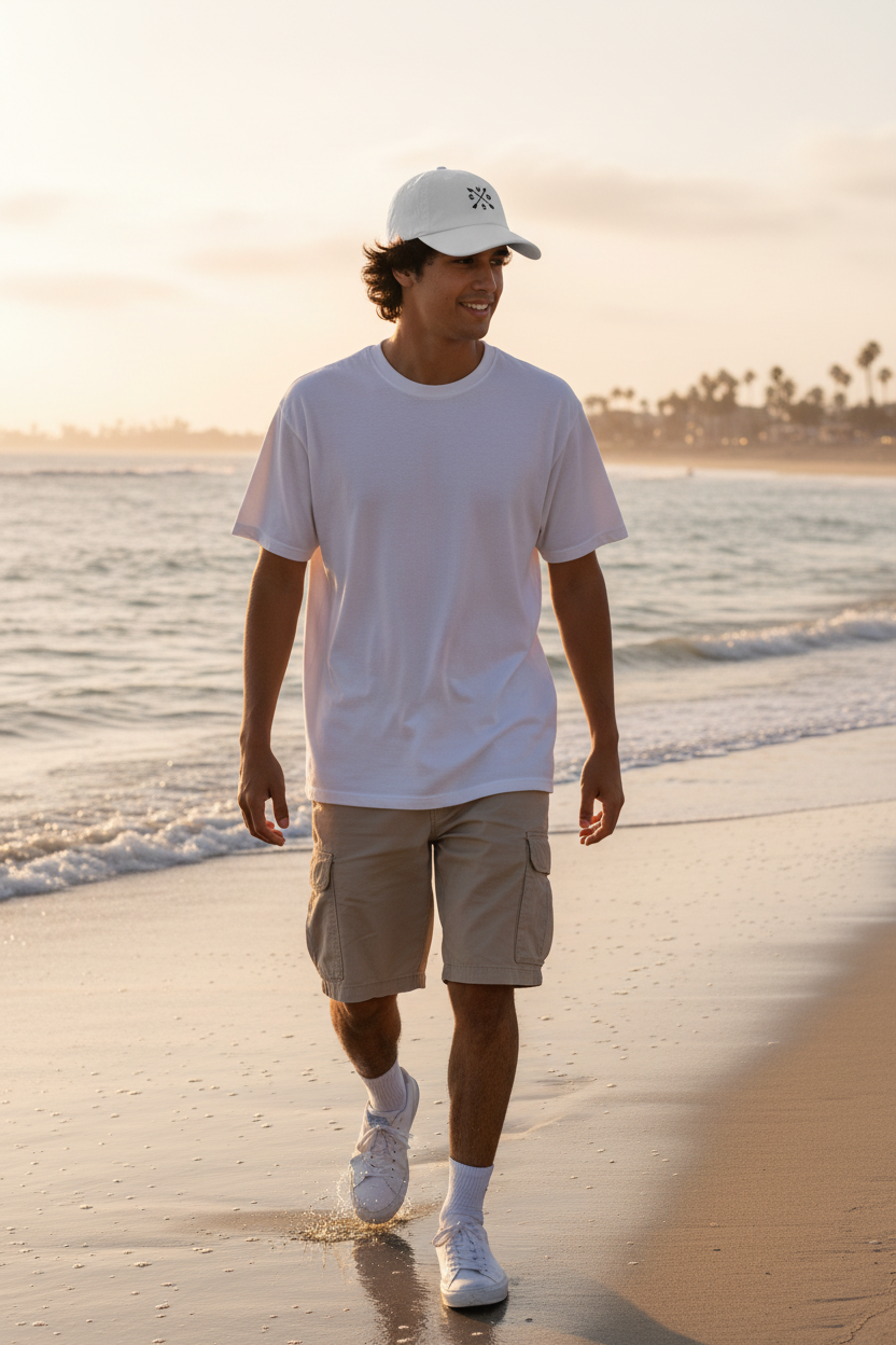Hombre joven con gorra blanca SVD en la playa