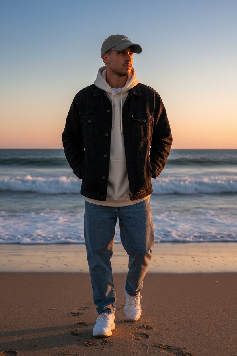 Hombre joven con gorra gris SAVED en la playa