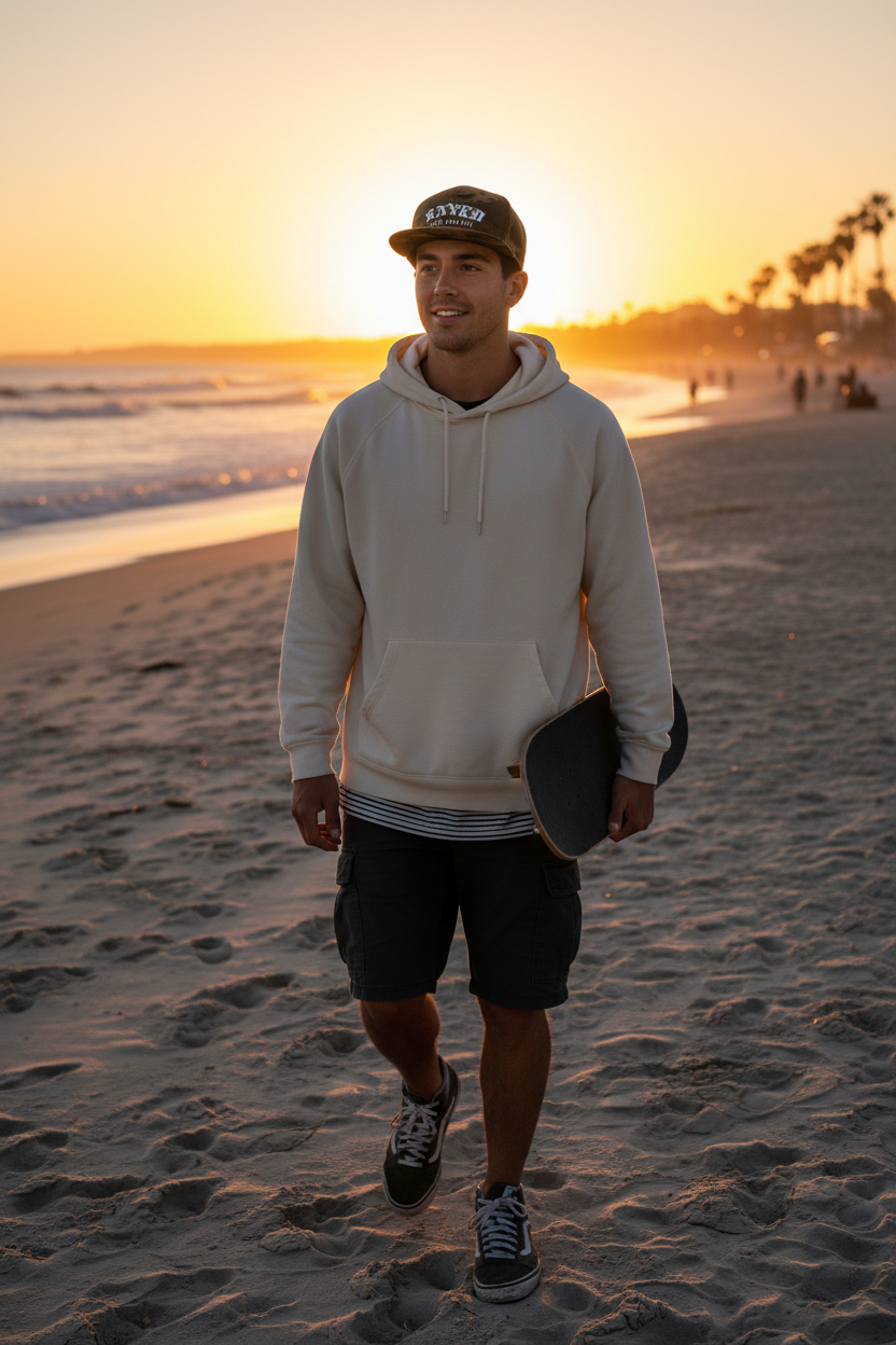Hombre joven con snapback camuflaje SAVED en la playa