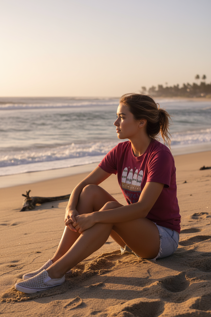 Joven mujer con camiseta burgundy Summer Party en la playa