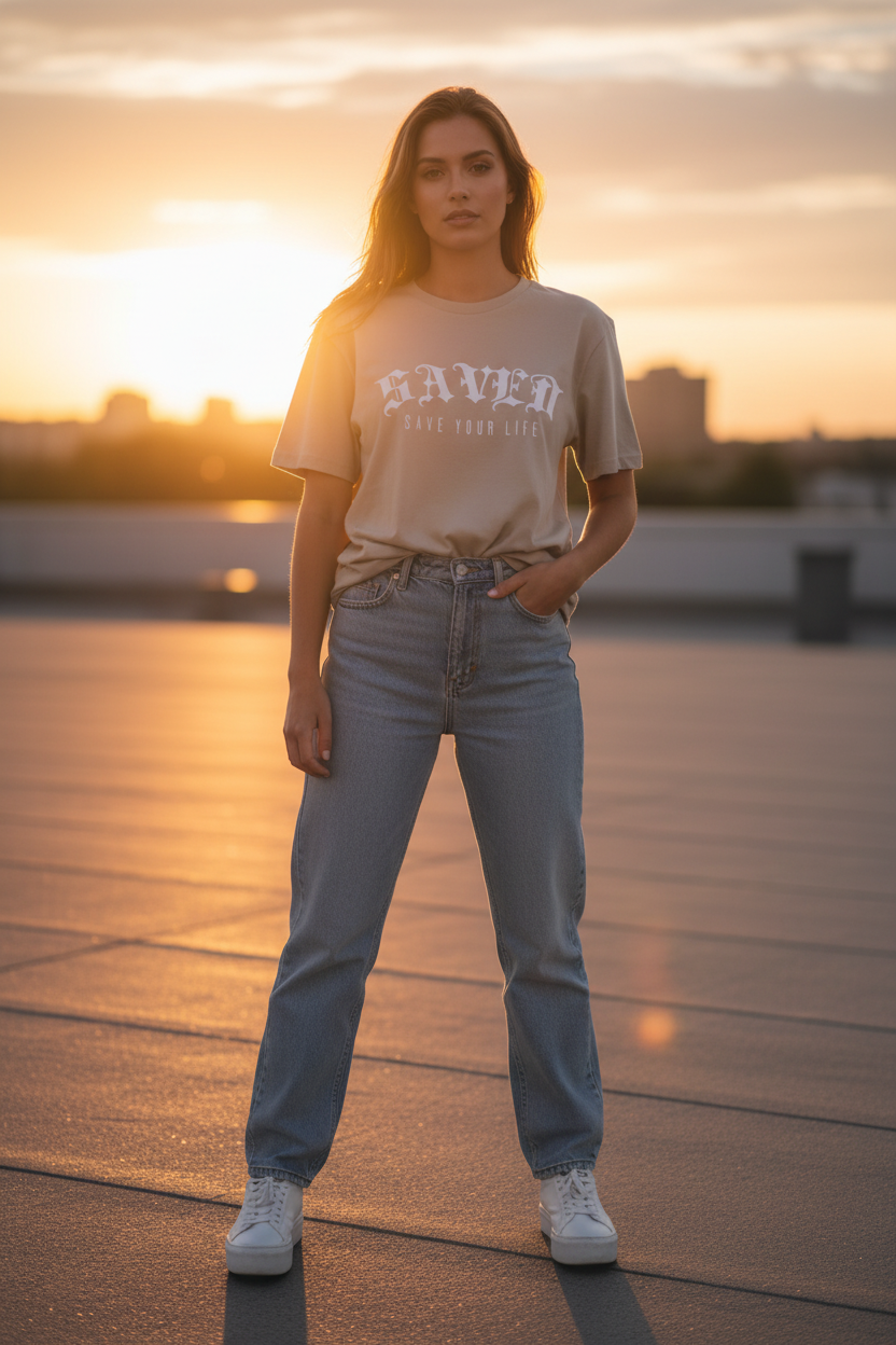 Modelo femenino camiseta beige atardecer
