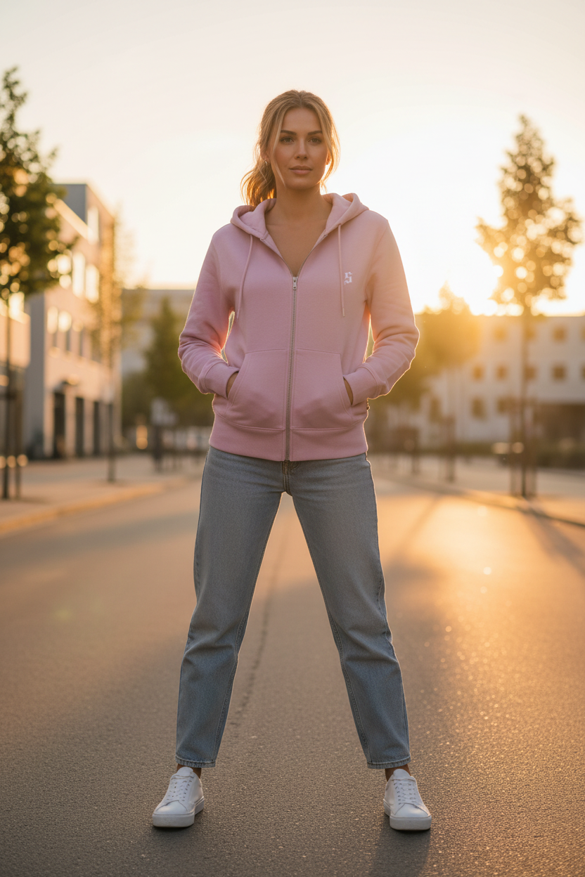 Modelo femenino chaqueta rosa atardecer - 1