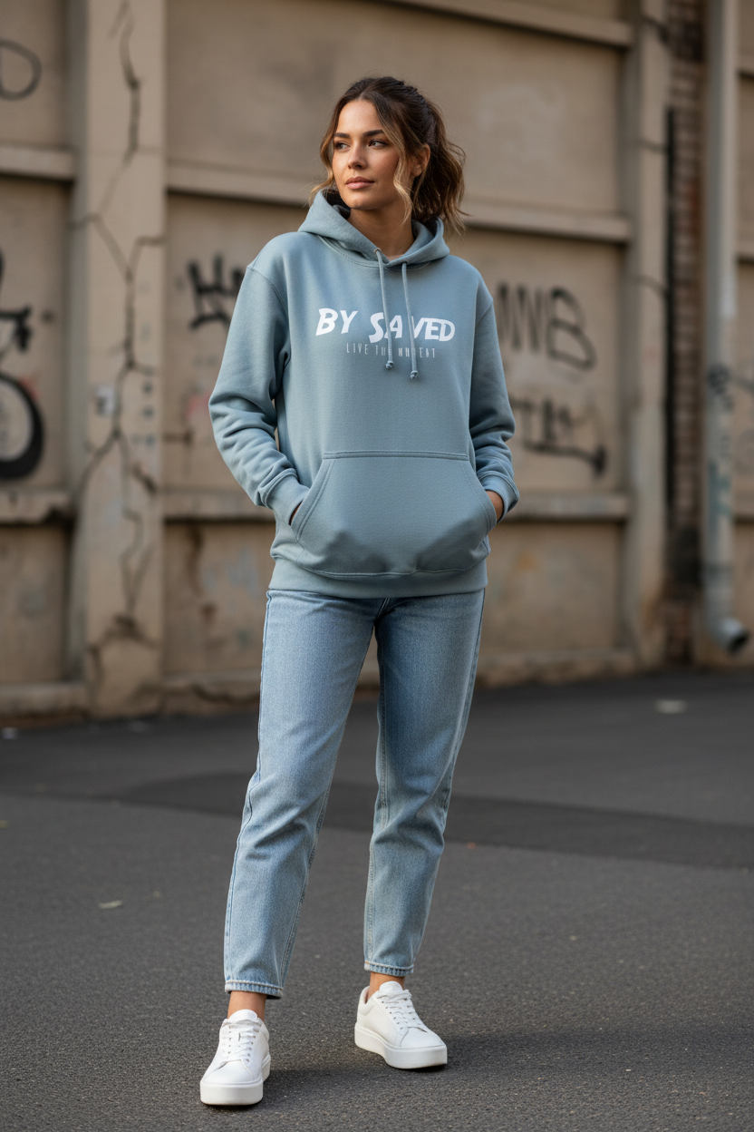 Modelo femenino sudadera azul - Vista frontal