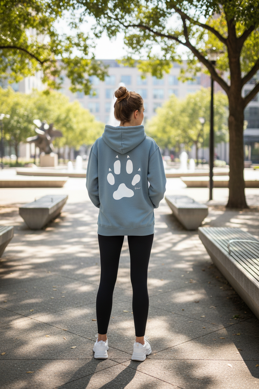 Modelo femenino sudadera azul - Vista trasera