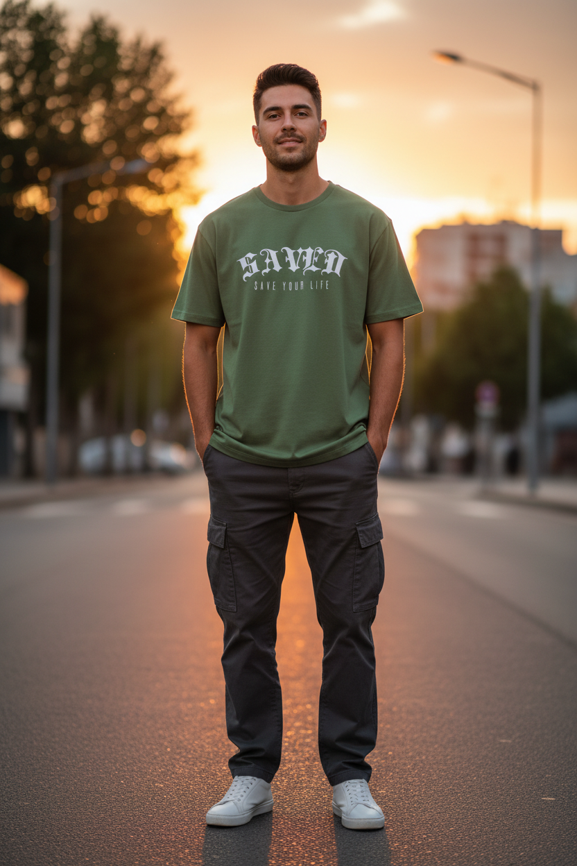 Modelo masculino camiseta verde atardecer