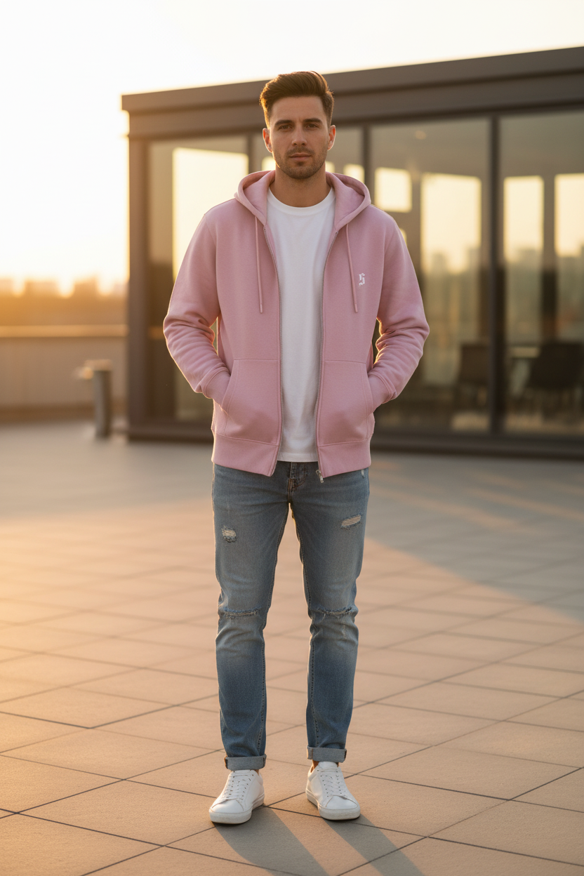 Modelo masculino chaqueta rosa atardecer - 1