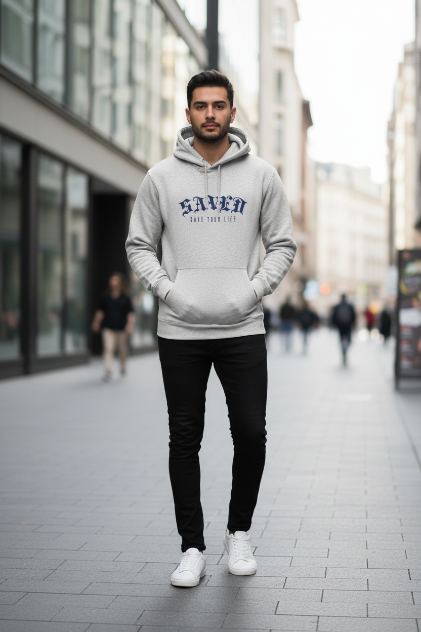 Modelo masculino sudadera gris - Vista frontal