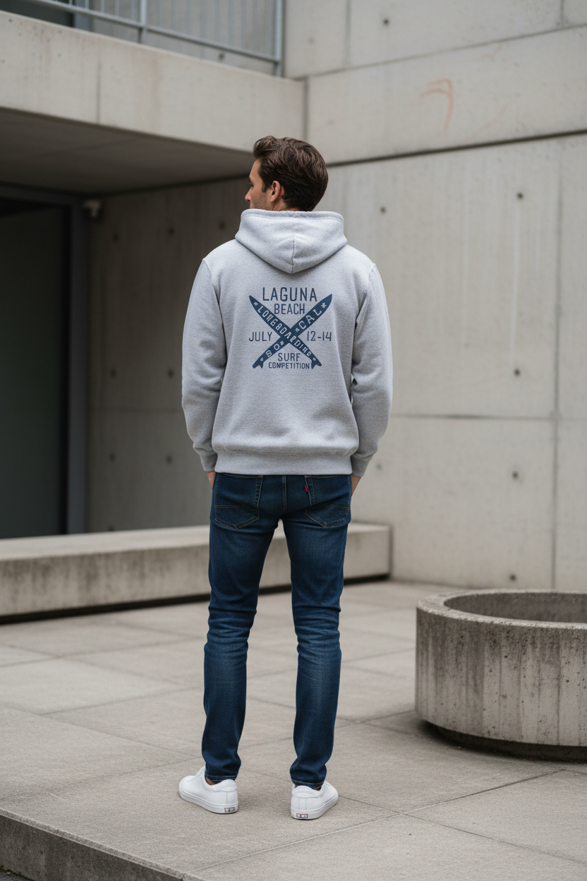 Modelo masculino sudadera gris - Vista trasera