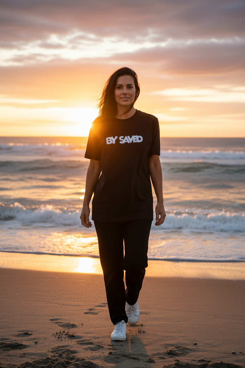 Mujer adulta con camiseta negra BY SAVED en la playa