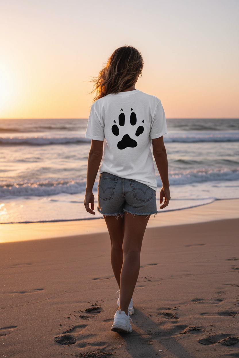 Mujer con camiseta huella de espalda en la playa