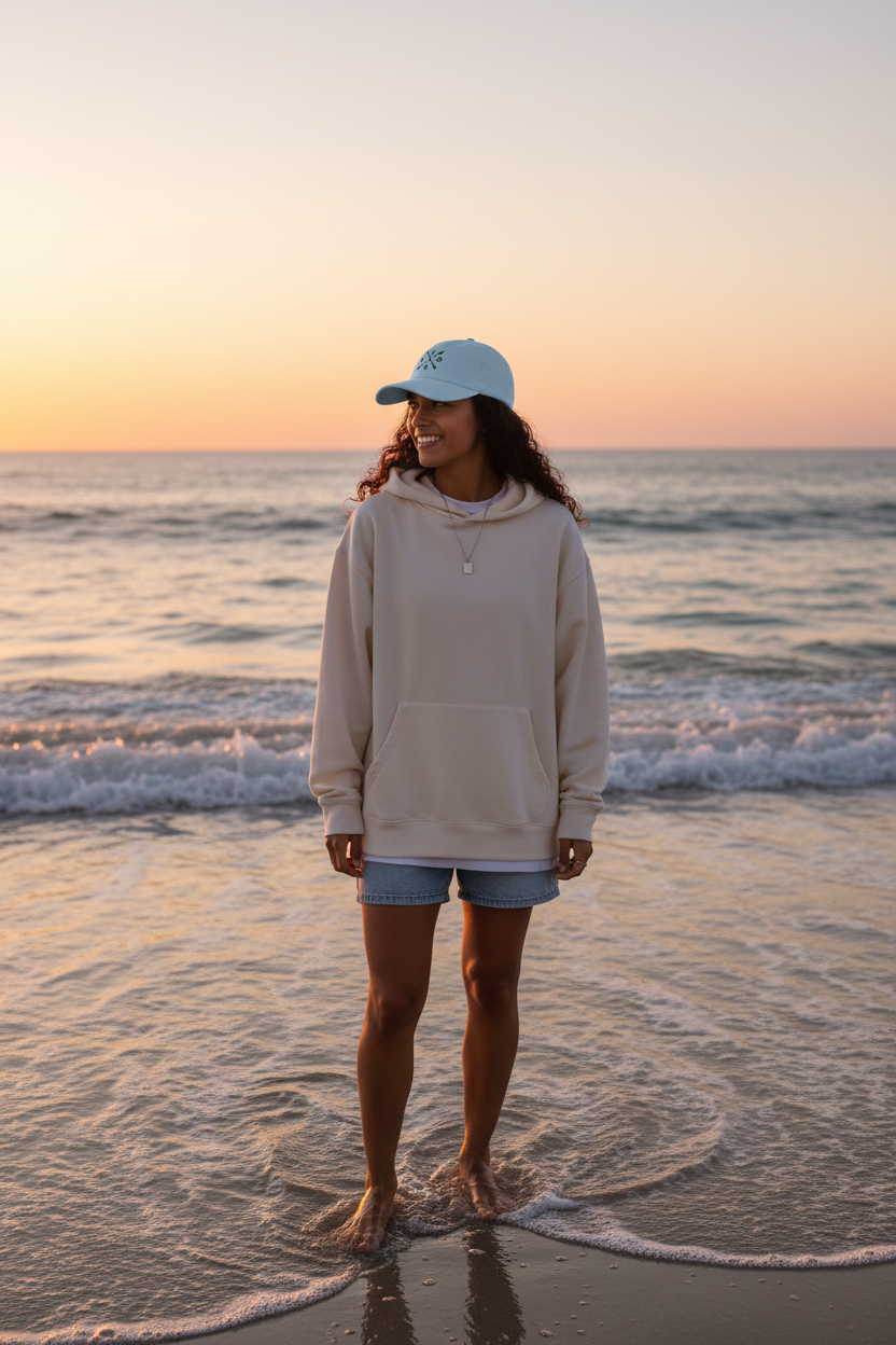 Mujer joven con gorra azul claro SVD en la playa