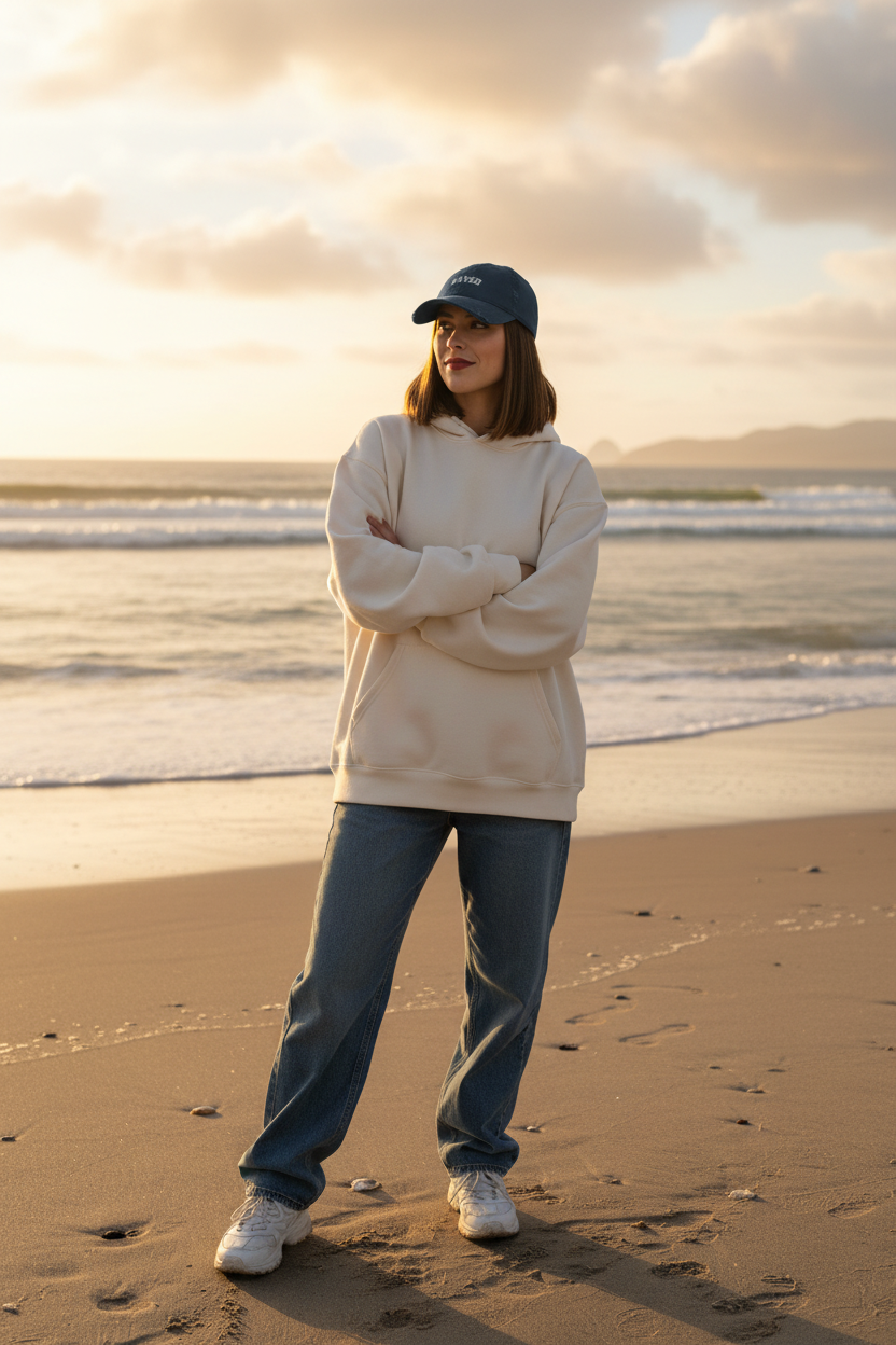 Mujer joven con gorra azul marino SAVED en la playa