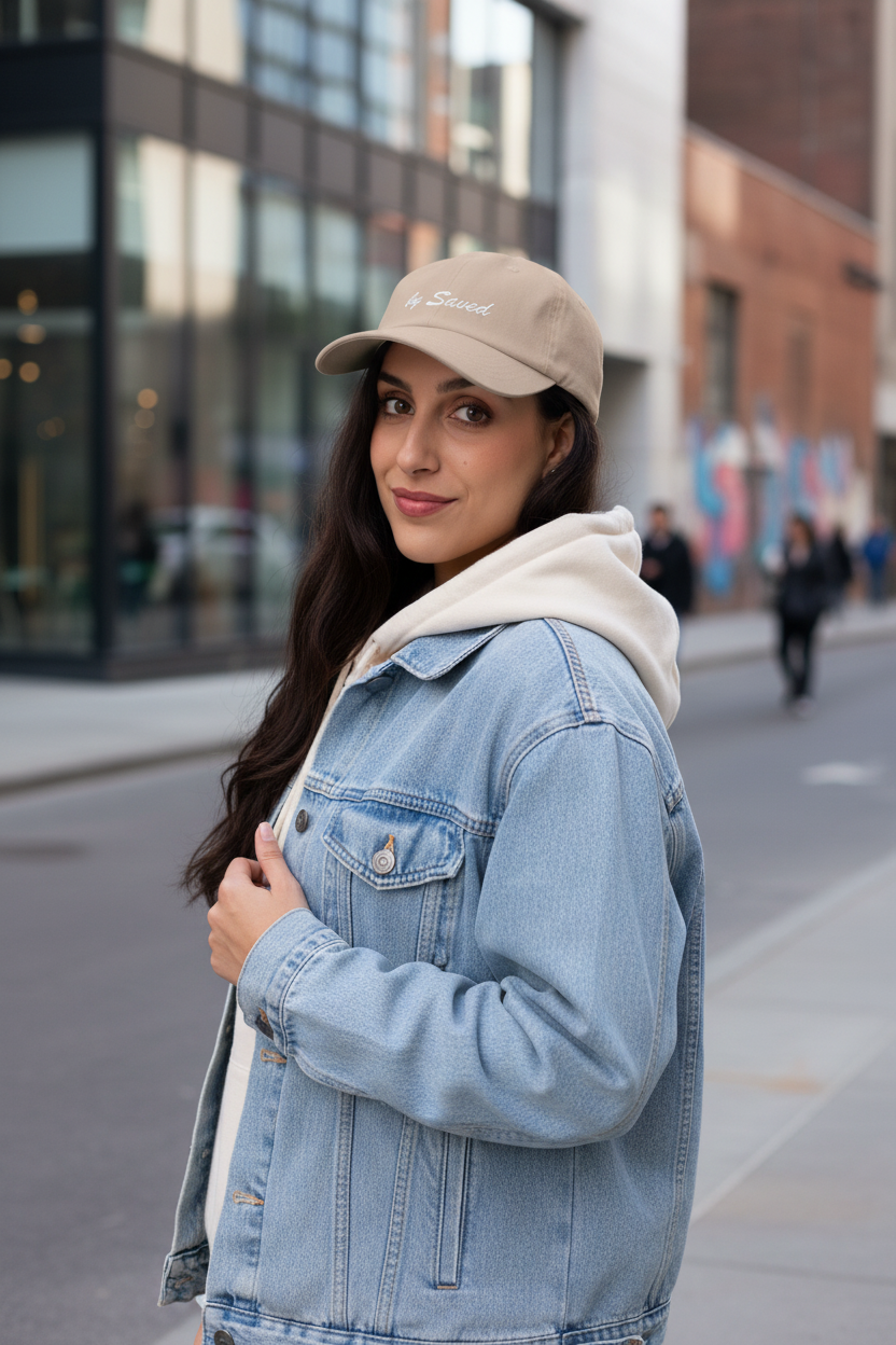 Mujer joven con gorra beige by Saved en la ciudad