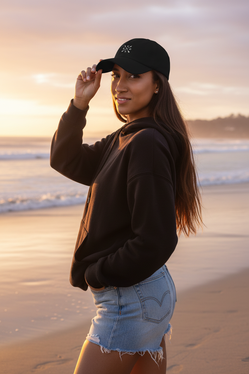 Mujer joven con gorra negra SVD en la playa