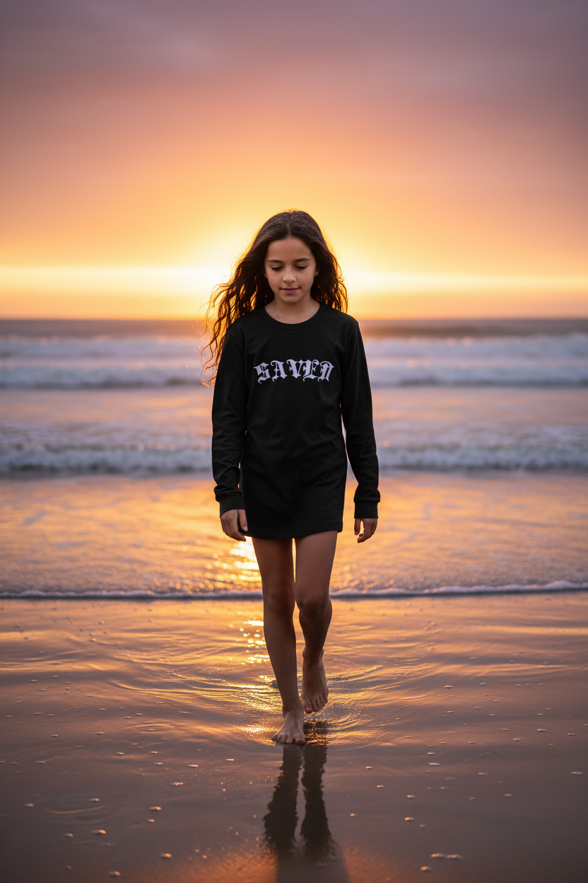 Niña con camiseta manga larga negra SAVED en la playa