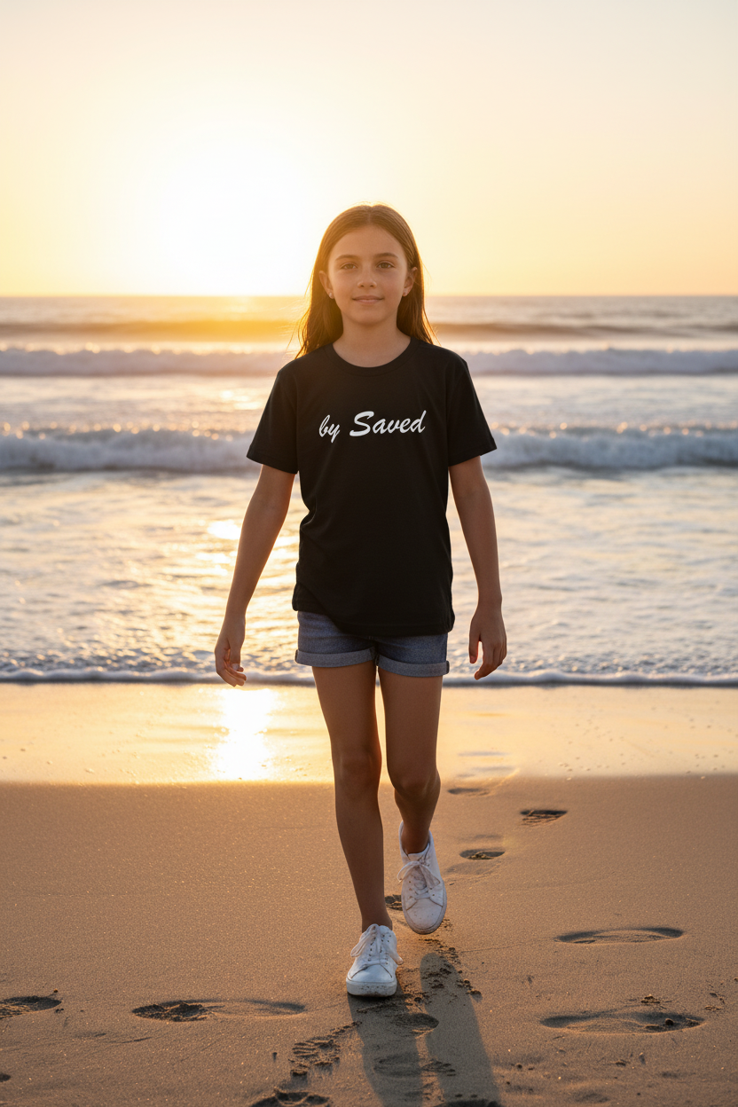 Niña con camiseta negra by Saved en la playa