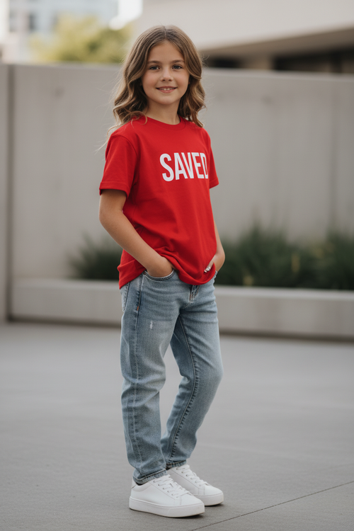 Niña con camiseta SAVED roja vertical