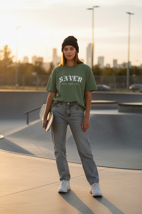 Niña con camiseta verde SAVED - skatepark sunset