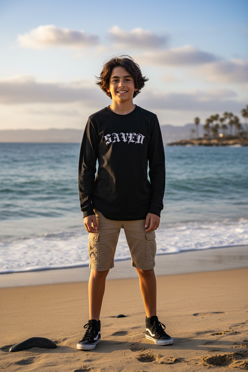 Niño con camiseta manga larga negra SAVED en la playa