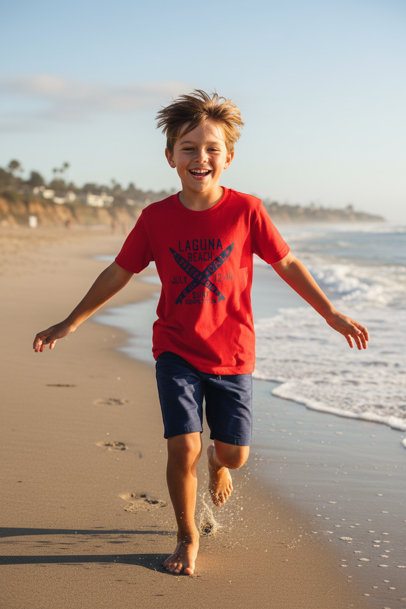 Niño con camiseta roja Laguna Beach en la playa