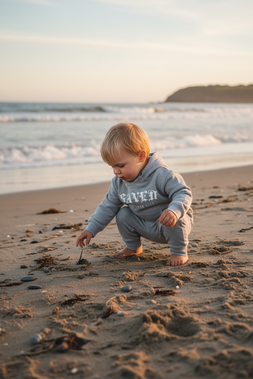 Niño pequeño en la playa con sudadera gris SAVED