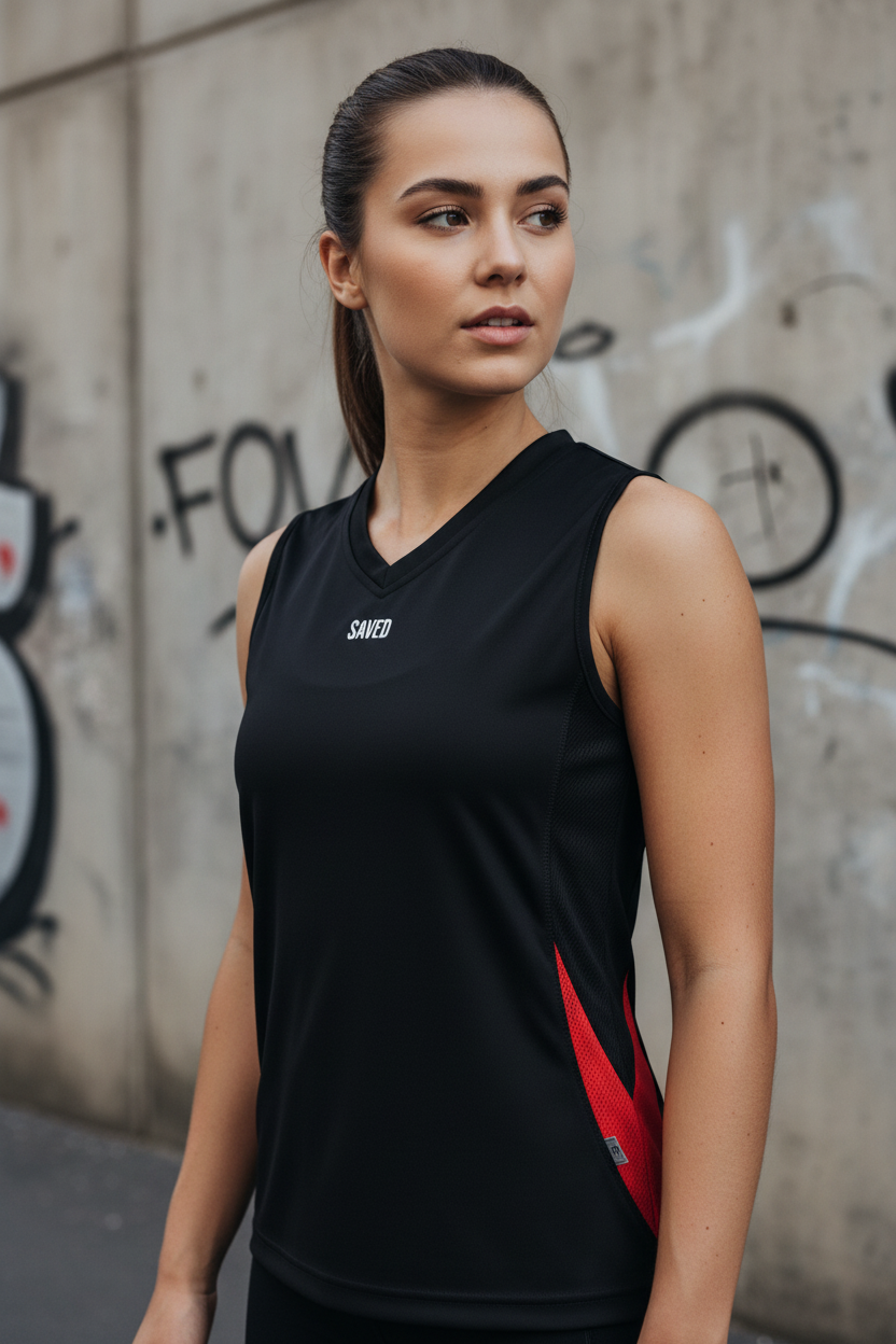 SAVED femenina negra roja medio cuerpo